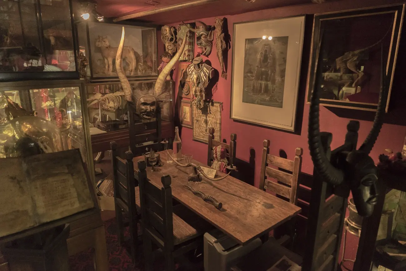 Dimly lit room in the Viktor Wynd Museum of Curiosities with taxidermy, masks, and odd objects