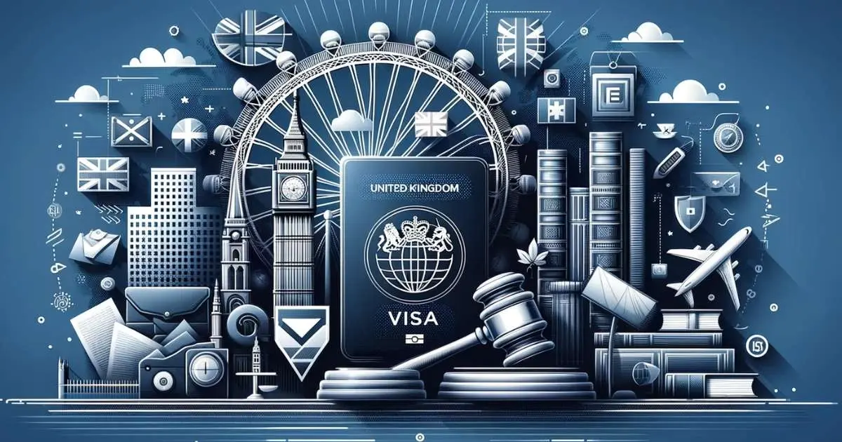 Stylized graphic of a UK visa book with a gavel, surrounded by London landmarks and immigration-related icons