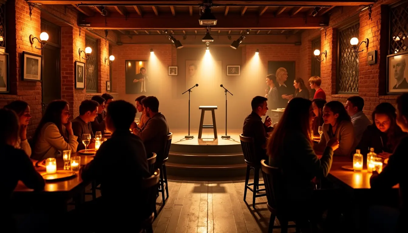 View of the stage with stool and microphones under spotlights in one of the intimate Comedy Clubs in London, with the audience seated at tables