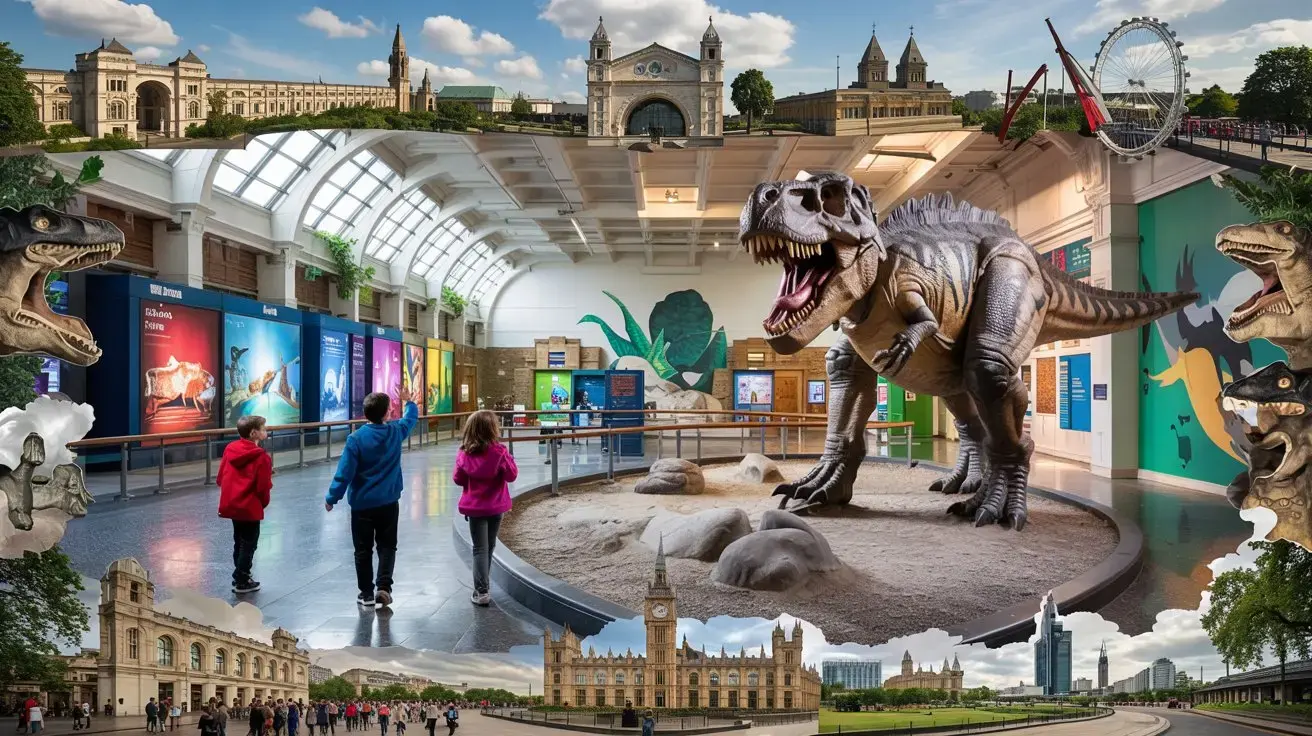Featured image collage showing exciting Things to Do in London with Kids: children marvel at a T-Rex in the Natural History Museum, surrounded by images of the London Eye, V&A Museum, and Parliament