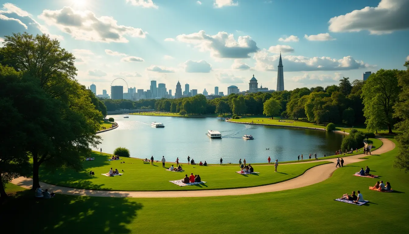 People relaxing and boating on a sunny day in one of the best Parks in London, with the city skyline visible in the background
