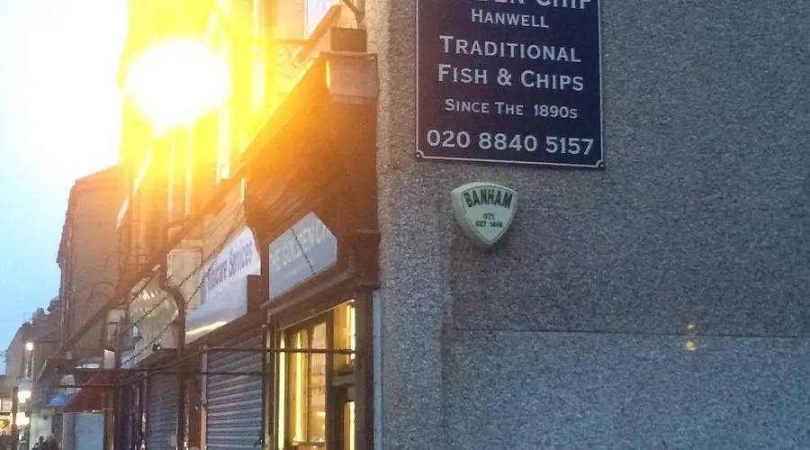 The Golden Chip of Hanwell fish and chip shop exterior on a sunny day
