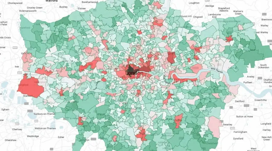 eatmap of London showing various crime rates, with red patches indicating the most dangerous areas in London