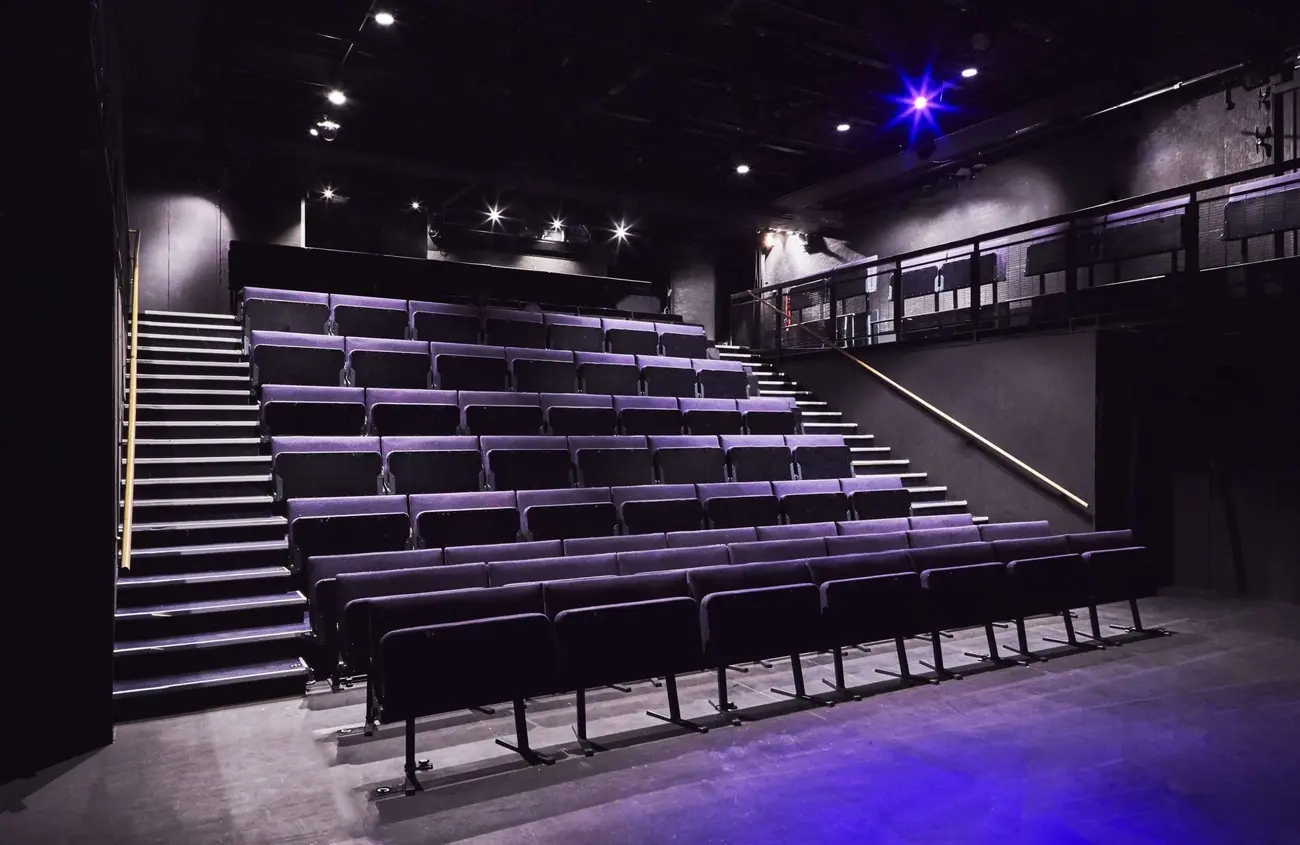 Empty auditorium seating inside Soho Theatre London, showing tiered rows of dark purple seats