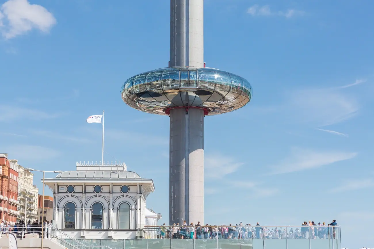 The Brighton i360 viewing pod ascending the tower on a sunny day, a top Thing to Do in Brighton