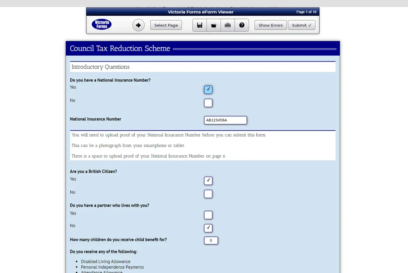 Screenshot of an online Council Tax Reduction Scheme application form