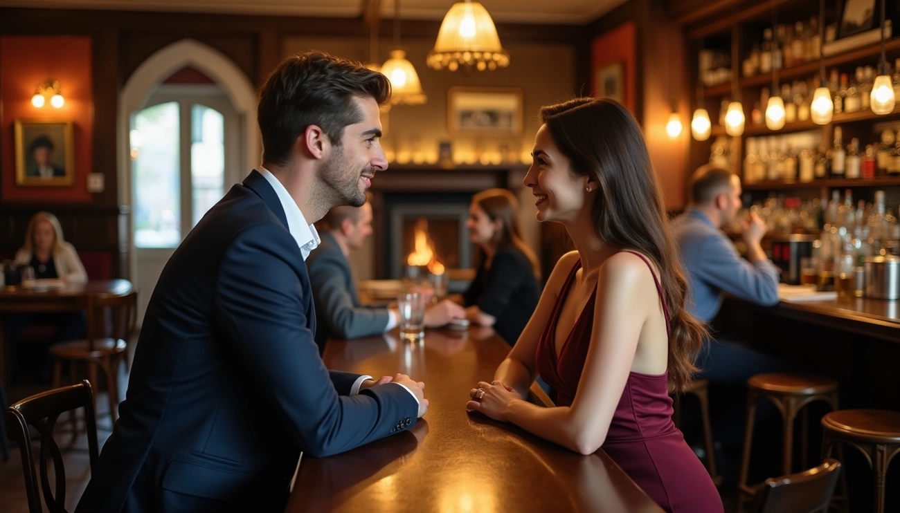 Man and woman smiling at each other across a traditional pub bar, illustrating the use of British Pick Up Lines