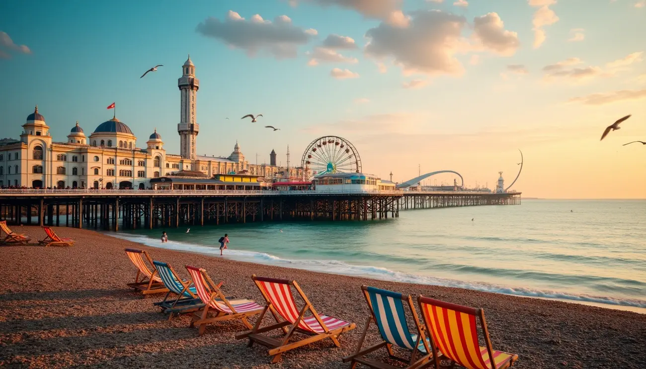 Colourful deckchairs on Brighton beach at sunset, looking towards Brighton Palace Pier, representing exciting Things to Do in Brighton