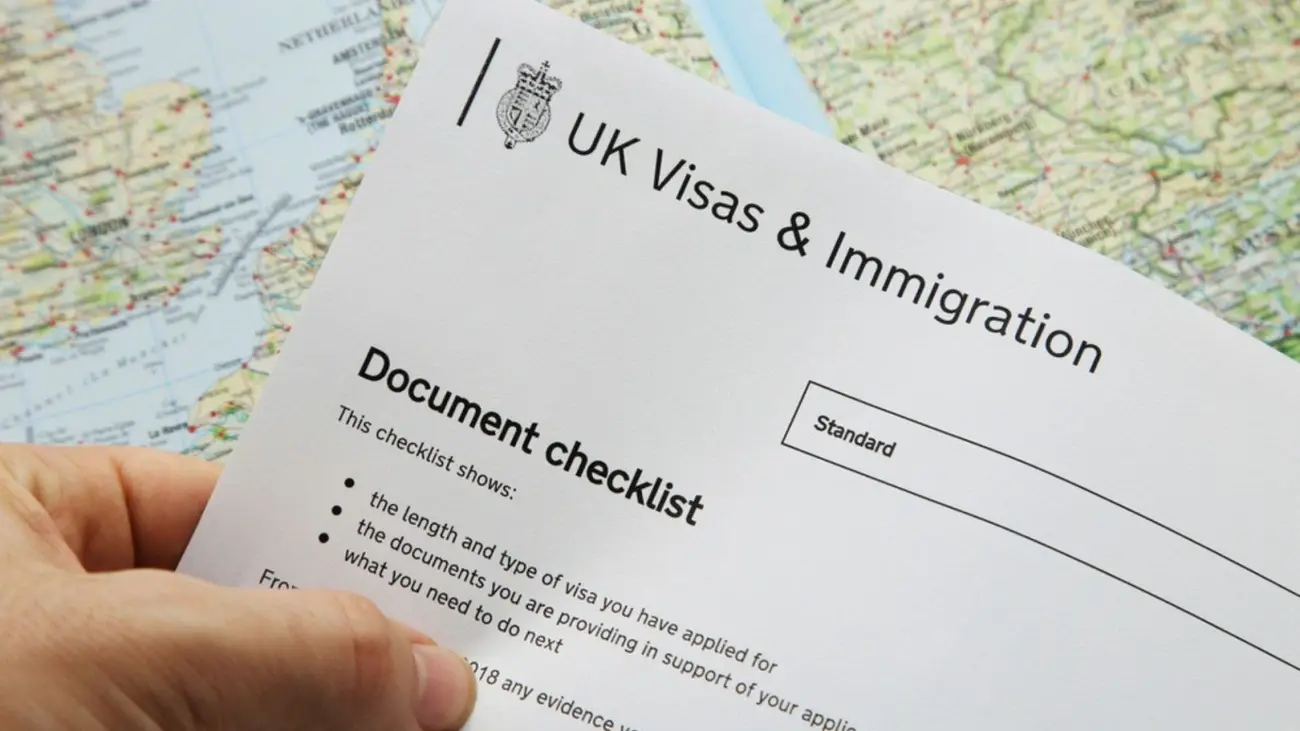 UK Visas & Immigration Document checklist' form over a blurred map of Europe