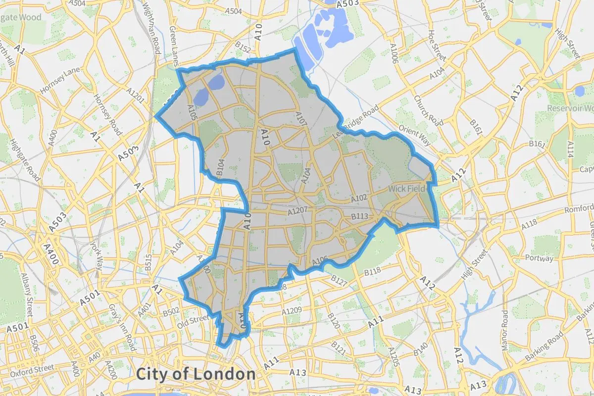 Street map showing the official boundary of the London borough of Hackney