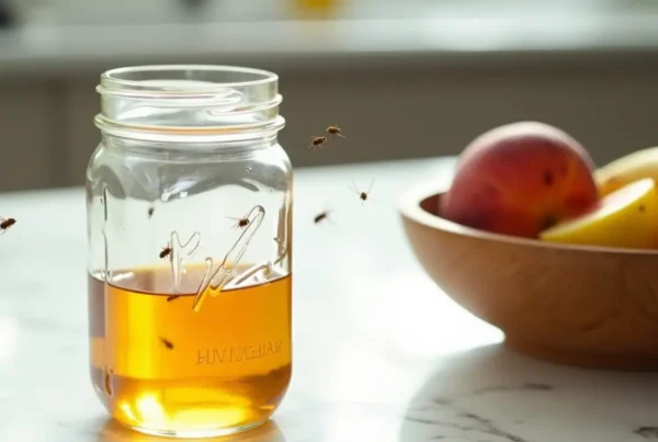 Fruit flies attracted to Mason jar with yellow liquid next to bowl of fruit