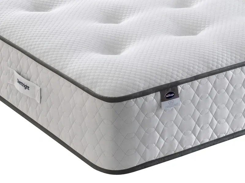 Close-up on the corner of a quilted Silentnight mattress showing the side stitching and handle