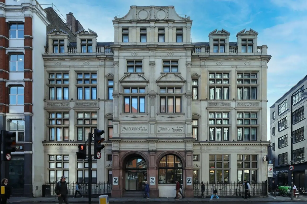 Imposing classical facade of The Z Hotel Shoreditch, also known as The Alexandra Trust Dining Rooms