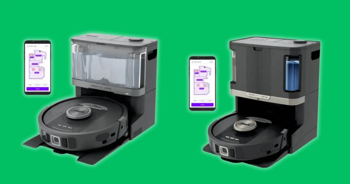 Two Shark PowerDetect Robot Vacuum models with app interface displayed on phones
