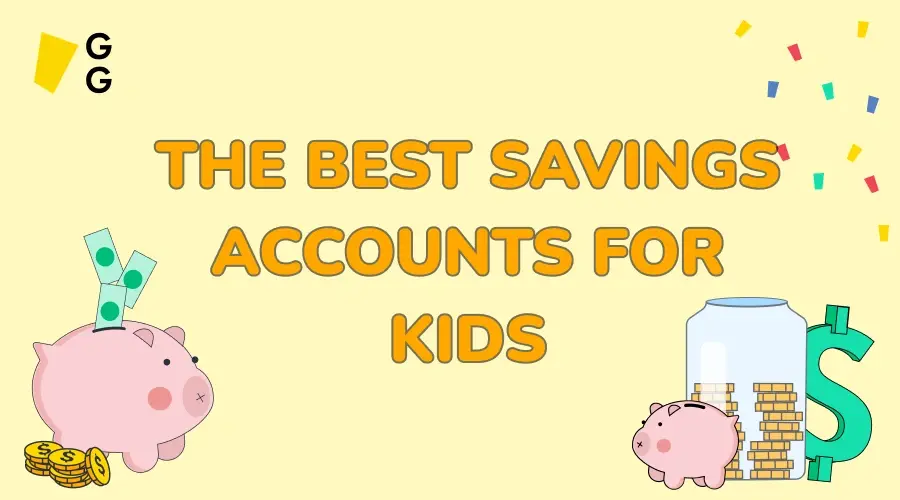 Graphic with piggy banks and coins titled "The Best Savings Accounts for Kids"