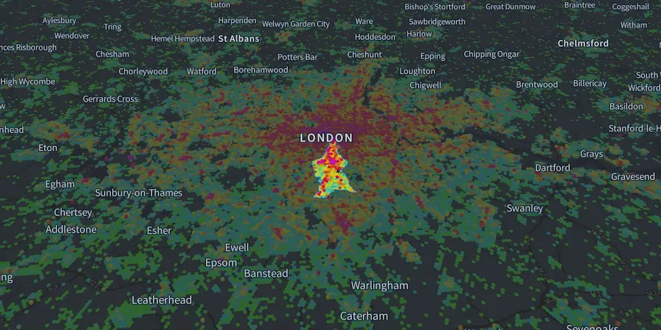 Angled heatmap of Greater London, showing a high concentration of crime in the central area, marked in red and yellow