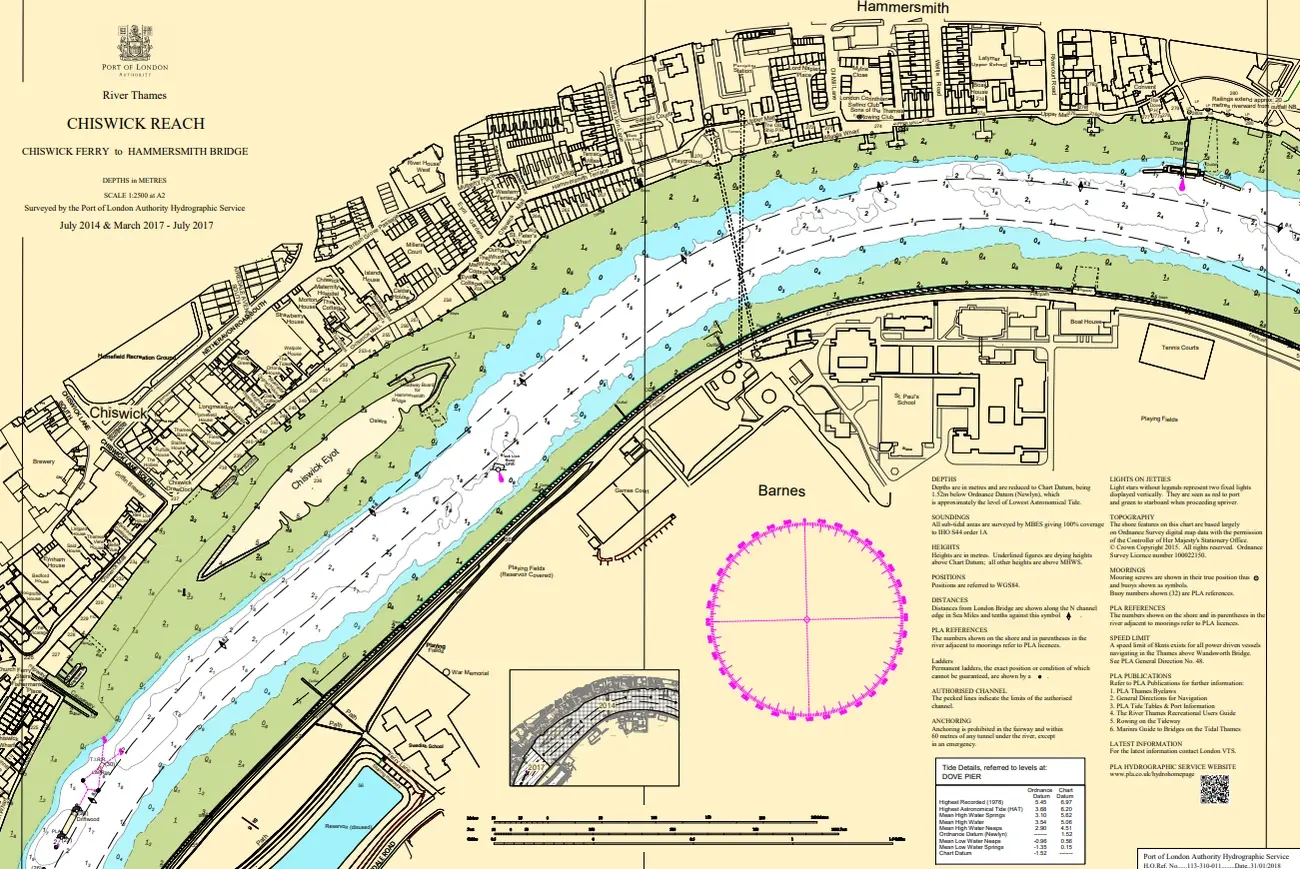 Navigational chart of the Thames foreshore at Chiswick Reach, relevant for mudlarking activities